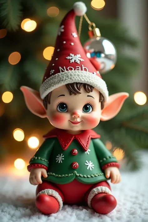 Baby boy elf hat with transparent ball first name Noah Christmas decoration 