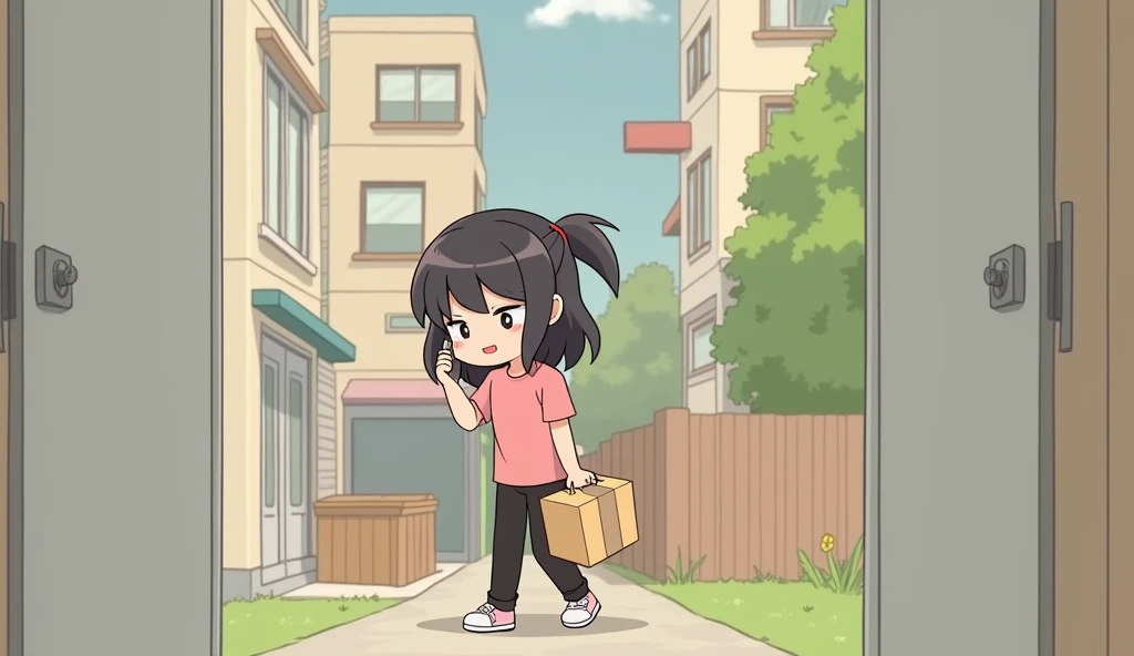  a black haired 8th grader , hair tie, wearing a pink t-shirt , black pants,  two hands calving 1 big package standing talking on the phone,  3d chibi animation style