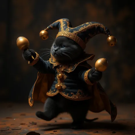 Photorealistic, 64K, a cute, chubby black cat dancing with maracas in its own hands, wearing an intricately designed gothic-style European medieval jester outfit. The attire features rich black and gold patterns with elegant, detailed embroidery, including...