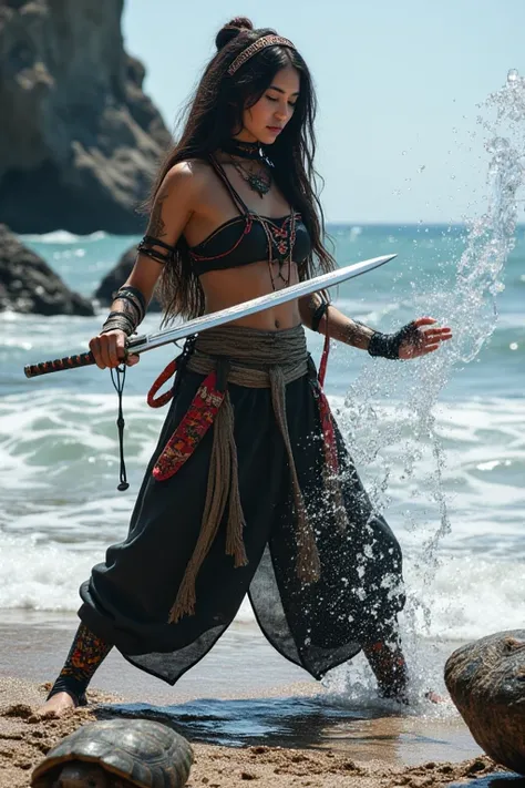 A lovely, young  beautiful, attractive & charming cyberpunk ninja girl, 18yr old, wearing  native japanese ainu facial features, wearing a ninja costume, ( holding treasure samurai sword), with a gaint tortoise by her side, casting a massive and powerful l...