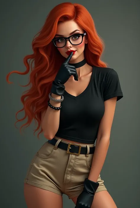 a woman inspired by Kim Possible in front of the camera, intense eye contact, (smiling seductively), (best quality, 4k, 8K, highres, masterpiece), ultra-detailed, (realistic, photorealistic, photo-realistic), detailed facial features, deep red lipstick, (v...