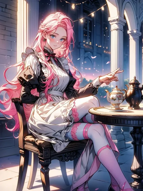 masterpiece, is the best quality, high resolution,Perfect light and shadow,8k wallpaper,illustration, ray tracing, A Beautiful Lady , pink hair,Long hair, blue eyes,Very windy,Full body photo,Sexy maid,Over the knee socks,patio,Tables and Chairs,Tea Set,