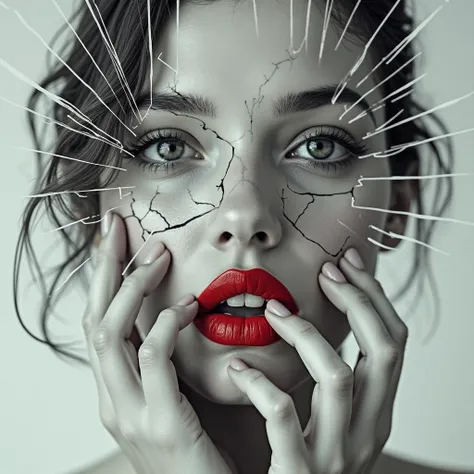 A hauntingly beautiful photographyof a womans face, capturing her wide-eyed expression and slightly parted lips. The red lipstick adds a contrasting touch to the delicate shades of grey in the sketch. The womans face is framed by the shattered glass, with ...