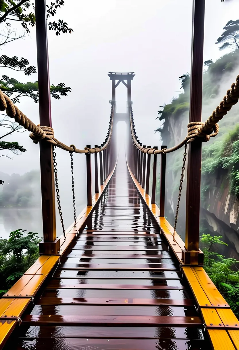 ((an old wooden crappy suspension bridge shrouded in deep fog :1.5、 a suspension bridge with rope and broken floorboards that se...