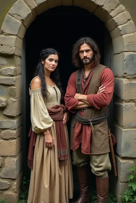 In 1758, a gypsy couple poses in front of a stone wall. They look at the objective .