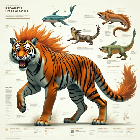 Ultimate evolution hybrid animal, in infographic data, unusual of tiger hunting axolotl , beautiful long fur creature, intricate proprtional fusion body parts, realistic