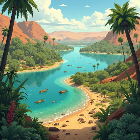 "A scientific illustration of the Sahara millions of years ago, with large lakes and seas. The scene should show freshwater bodies surrounded by lush vegetation and early life forms, representing an ancient tropical ecosystem."