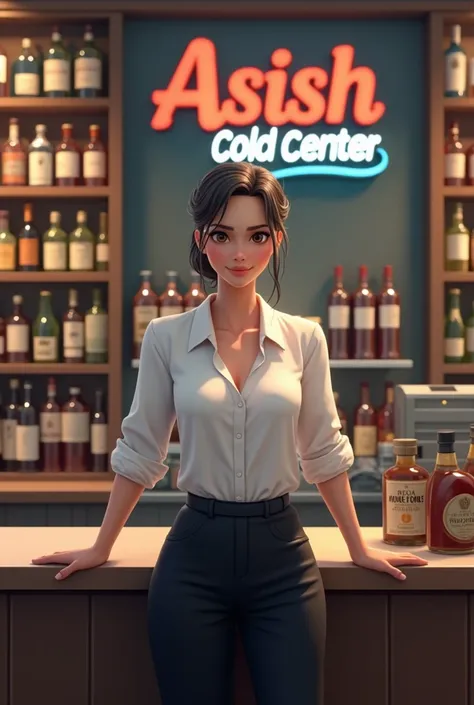 Ladys Liquor shopkeeper  with background Clear Logo " Asish Cold Center "