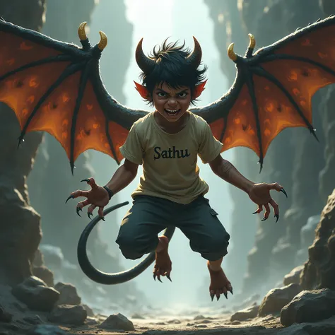 One dangerous boy jumping his to long nails,lion teeth,long tial and long wings his tshirt name is "sathu"