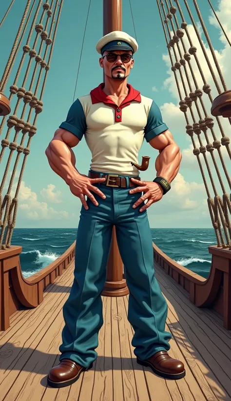 Create a picture of Johnny Depp as Popeye the sailor standing on a ship