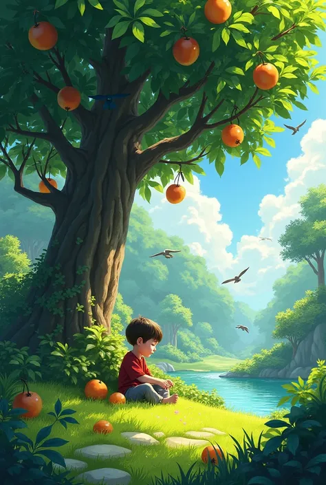   Garden of paradise world , green grass ,  many shady trees with dense fruit ,  there are streams flowing birds flying ,  ren playing under the shade of a large tree.