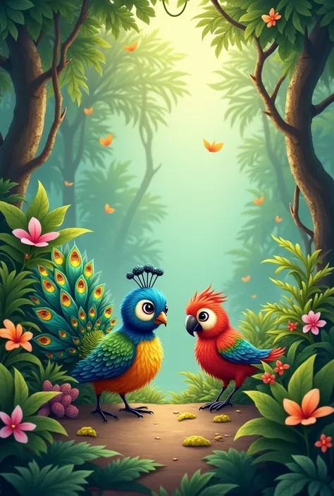 Little peacock and little parrot are going in the jungle 
