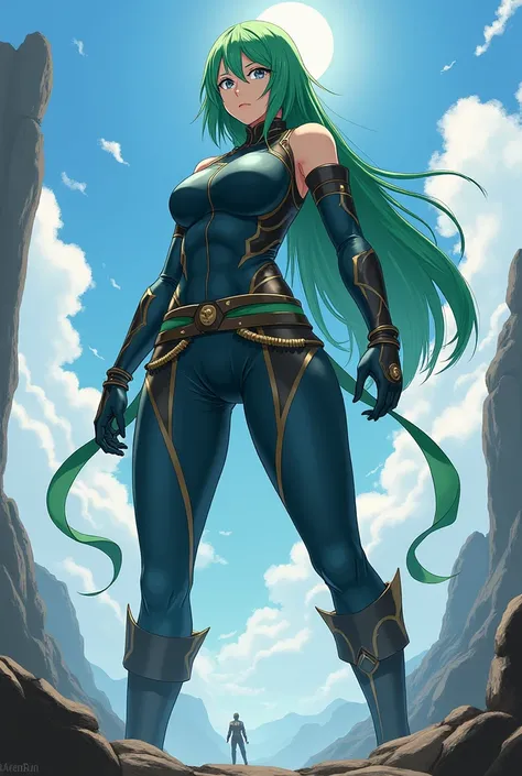 Midori frome vidéo game Fire Emblem Fates in ninja suit with green hair and grey eyes in giantess version 