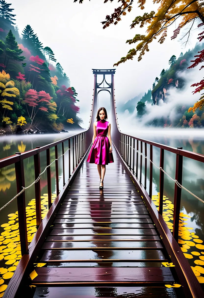 ((an old wooden crappy suspension bridge shrouded in deep fog :1.5、 a suspension bridge that seems to be broken and broken floor...