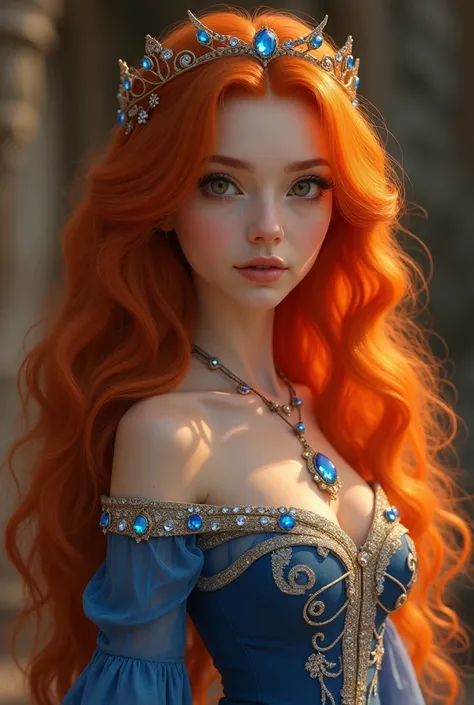 Princess Elysande is a striking beauty, with fiery reddish-orange hair that cascades in soft waves down her back, a vivid contrast to her porcelain skin. Her hair glows with a warm, almost ethereal sheen, giving her a radiant, youthful appearance despite t...