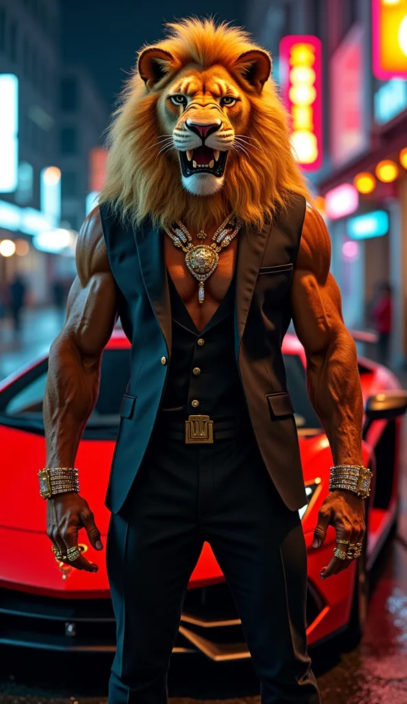 "A hyper-realistic full-body depiction of a muscular human figure with the head of a lion, its golden mane flowing in the neon-lit night. The lion's sharp, predatory eyes burn with intensity, and its teeth are slightly bared in a menacing snarl. It wears a tailored black suit with gold accents, a thick gold chain with a lion-head pendant encrusted with diamonds, and oversized gold rings on its powerful fingers. Its wrists are adorned with matching gold bracelets and a luxury diamond-encrusted watch. The character stands confidently beside a roaring, bright red Lamborghini parked in a bustling city alley, illuminated by flickering neon signs. The entire scene is rendered in ultra-realistic 4K, capturing every detail of the lion’s fierce expression, flowing mane, and the luxurious shine of its jewelry and car."