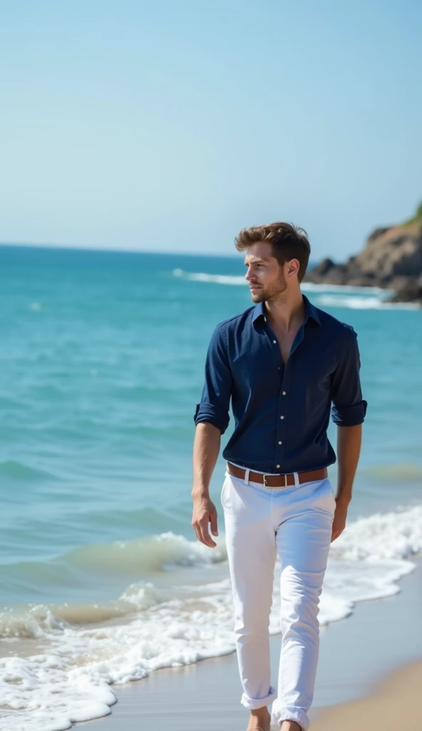  Photo of a 20-year-old man wearing white pants,Navy shirt walking by the sea 