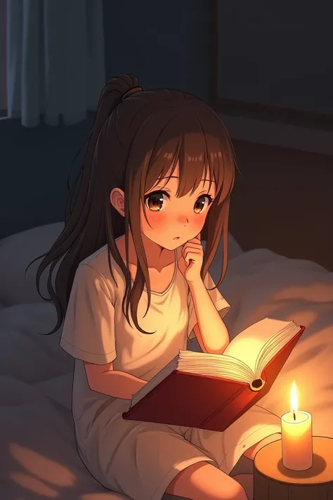 A girl reading a book in the light of candle. Anime style