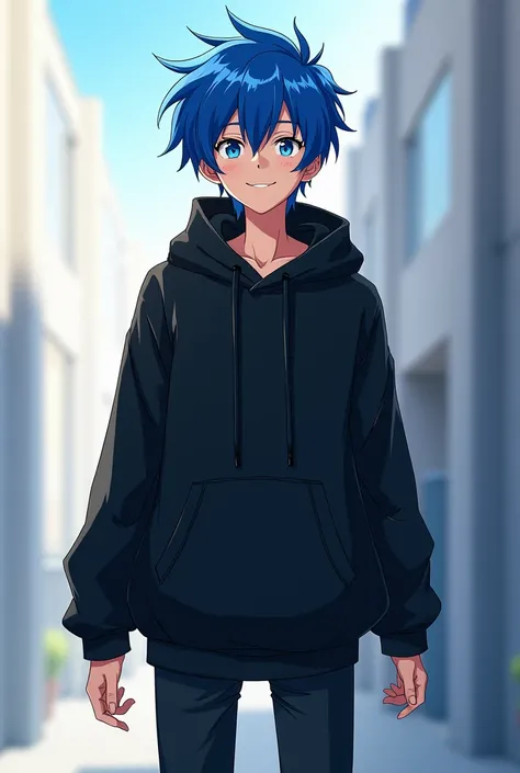 Generate anime character (tall boy) with blue hair wearing black hoodies and pointing his hands down side and giving expressions "like this" with happy face, half body should be visible.