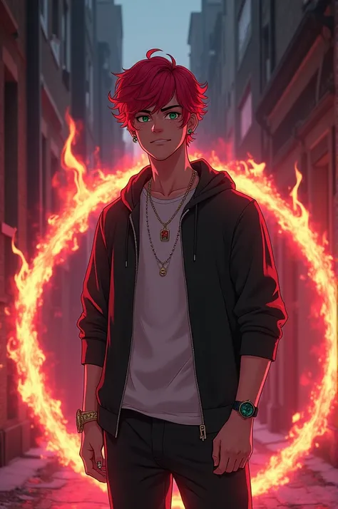 
A young male Aesthetic teen with cropped bangs and bright red curly hair,  green-eyed, straight eyebrow, freckles.  blue sweatshirt pants jeans and sneakers ,  He has an athletic body. wears earrings, Necklace and watch.
 using pink-orange fire magic .  w...