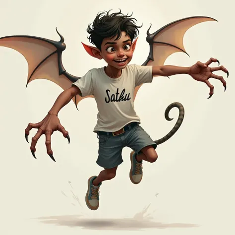 One boy his to long nails,long teeth,long tial and long wings his tshirt name is "sathu" he jumping