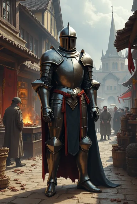 A realistic knight wearing a helmet standing infront of armour shop with blacksmith covered with lots of smoke and lots of traders