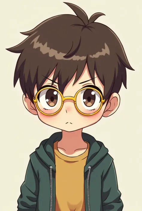 Guy with brown hair,yellow glasses, anime adaptation ,chibi style , serious,half body picture