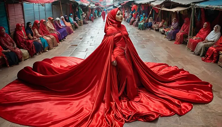 A woman shrouded in a 10-meter-long, plush red satin cloth, tightly bound and grandly draping along the form of her body, flowing off into a pooled floor-length train, styled in a mermaid-inspired outfit, her head modestly veiled in a satin hijab, tall wom...