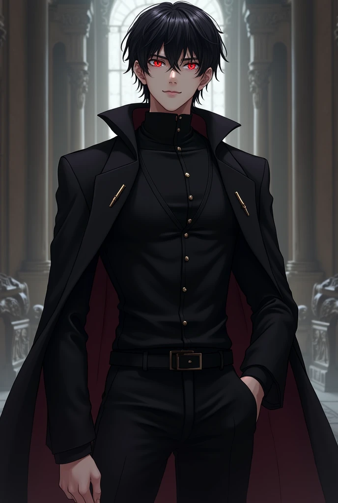 the boy is tall, it&#39;s lovely, He has black hair, And his eyes are bright red ,  he has a well-worked body and has a beautiful face and is dressed in black