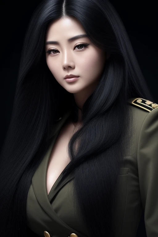 jet black hair,most very long hair,most very lion hair,most very wolf hair,most very frizzy hair,coarse hair,most very spread hairstyle,thick hair,fluffy hair,most very heavy weight hair,most very voluminous hair,shiny jet black hair,female army officer,bl...