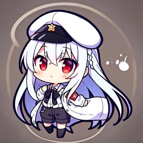 Long Hair,   Braided  , White Hair,  No emotion, White military cap , red eyes,   white shirt, Black tie,white short hoodie,   1 girl, 