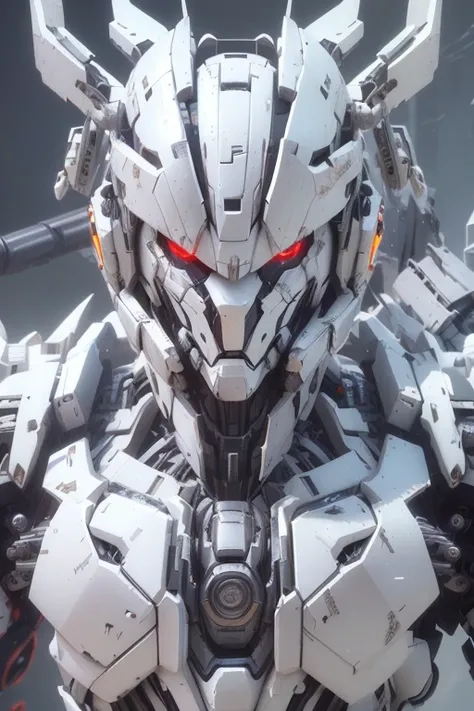  close-up of a robot with red eyes and a gun, alexandre ferra White Mecha, White biomechanical details, Akihiko Yoshida.  Unreal Engine ,  incredibly detailed octane rendering , White Mecha, Alexander Ferrameca ,  Stunning Octane Rendering , White biomecha...