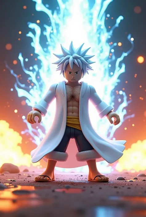 Make me an image for a roblox game with good vfx with luffy as a roblox character in gear five with white clothes and white hair 