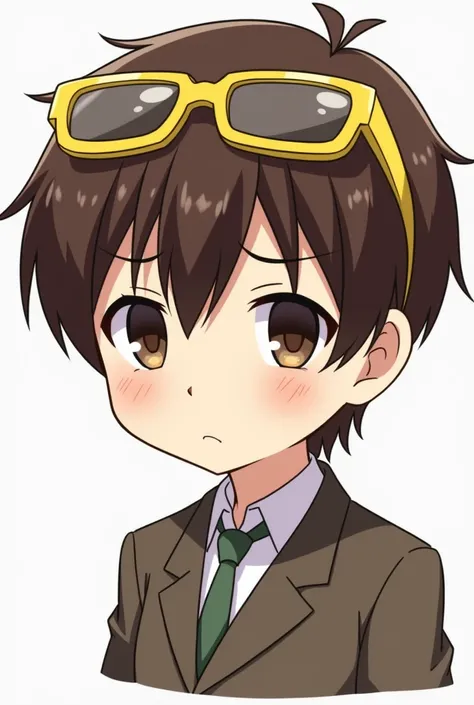 Guy with brown hair,yellow glasses, anime adaptation ,chibi style , serious,half body picture,have bangs