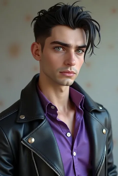 Short 22 year old man with black hair, slicked back and green eyes. Purple and white clothing. Hes wearing a leather jacket. His skin is light and he has a fat face. Hyperrealism, accurate, anatomically correct