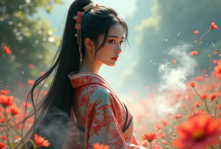 Super high quality, masterpiece, perfect illustration realistic mix, realistic 100%, extreme detail (exquisite light and shadow, highly dramatic picture,) Stroke, 1 girl, solo, (wearing red, black and white Hanfu,) flower field, flowers, (white smoke:1.3),...