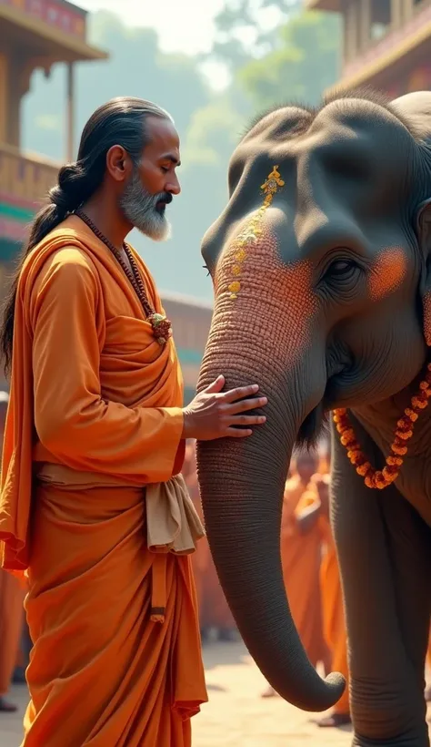 The elephant bows before the sage, placing the garland around his neck, while the villagers clap joyously."
Sage (Age: 24-25 years)
Attire: Deep saffron (orange-red) robes.
Shawl: Light saffron (light orange) draped over his shoulders.
Waistband: A simple ...