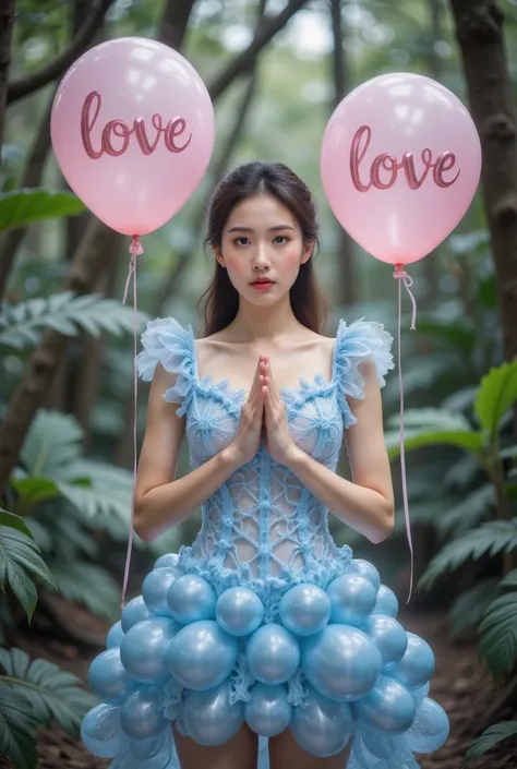  surrounded by the rainforest , beautiful lips and a beautiful face {x} wearing a stylish dress made of blue balloons,  beautiful eyes,  beautiful nose ,  holding up pink balloons with curved words ,  a beautiful young Asian woman  "Xiaohong " Put your han...