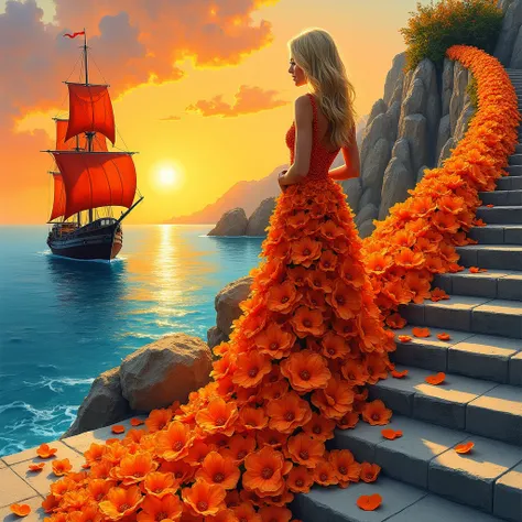 ink alcohol pencil, beautiful italian blonde woman 45 years old, in a lush dress of orange flowers, with a long train of flowers ascends the stairs, orange petals, sunset, sea, ship with scarlet sail, hyper-detailing, vivid colors