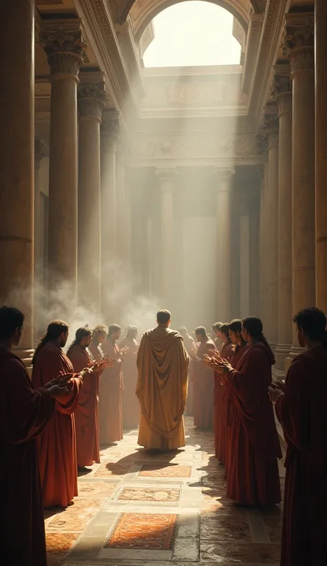 "Create an image of Julius Caesar consulting with a group of augurs in a Roman temple before making a major decision. The scene takes place in an ancient Roman temple, with Caesar standing before the augurs, who are dressed in traditional robes and holding...