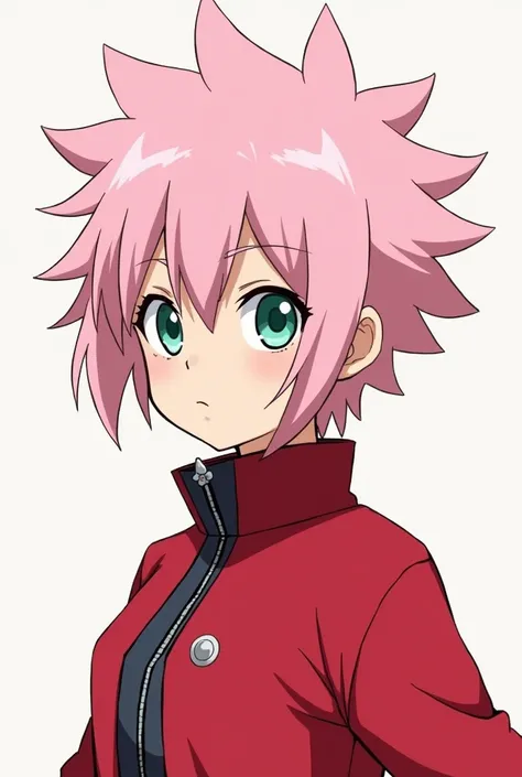 Anime girl with light pink spiky short hair red upper part  like Sakura from naruto