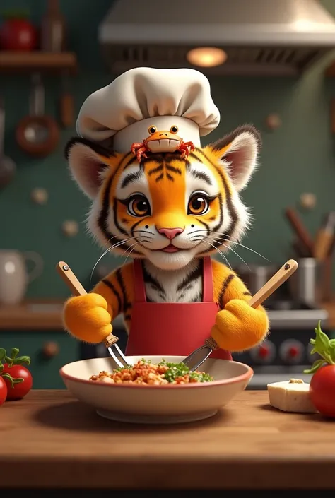 babytiger cooking with little crab on head Realistic image logo