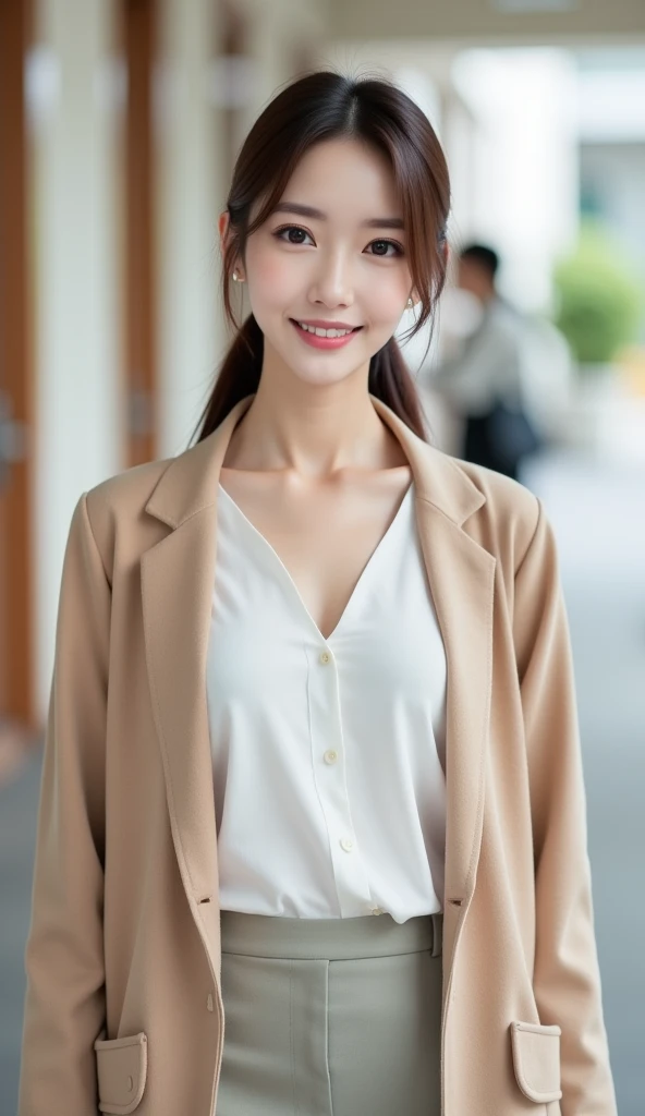 A beautiful Japanese woman wearing a white blouse with a long beige jacket:1.21, wearing glasses: 1.3, extremely detailed skin, large breasts:1.22, deep cleavage, small head, cute face, pony tail, brown straight hair:1.21, neatly styled, bright eyebrows, w...