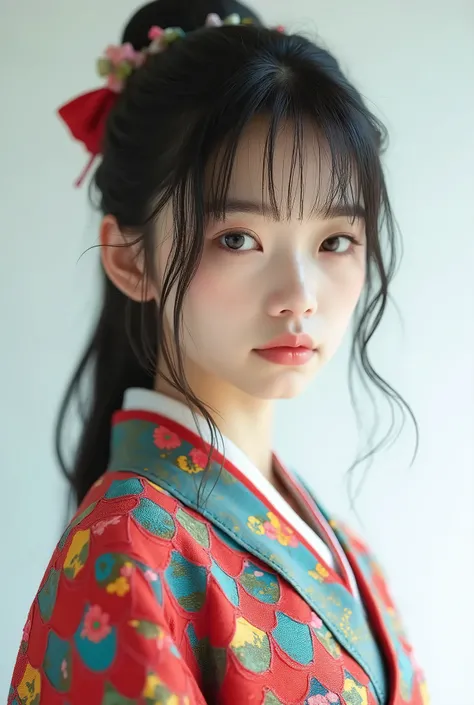 live-action、 real、 very beautiful japanese schoolgirl、Costumes and hats made by cutting colorful cloth in the shape of scales and stitching them together、White background