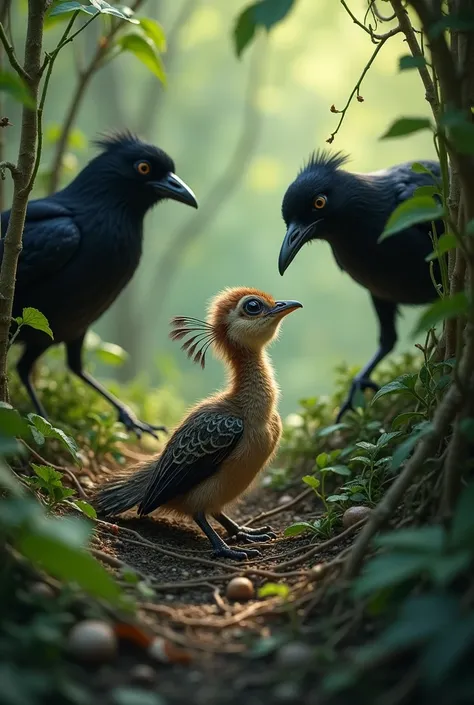 baby peacock tangled in the brush and helping two crows