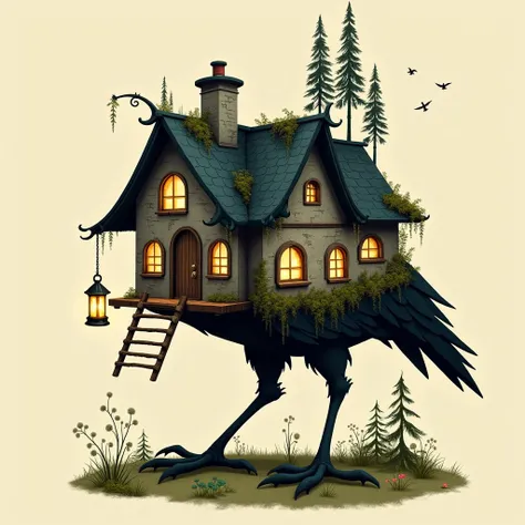 Whimsical storybook illustration style house on bird legs, medieval cottage with dark slate roof covered in wild plants, cottage built on giant crow-like legs with sharp claws, mysterious lantern hanging from wooden post, warm glowing windows suggesting li...