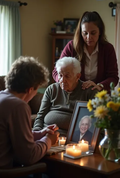 A touching yet haunting image of a family mourning over a framed photograph of an elderly victim. The setting is a modest living room, with flowers and candles on a nearby table, emphasizing the emotional toll of Shipman’s actions.
