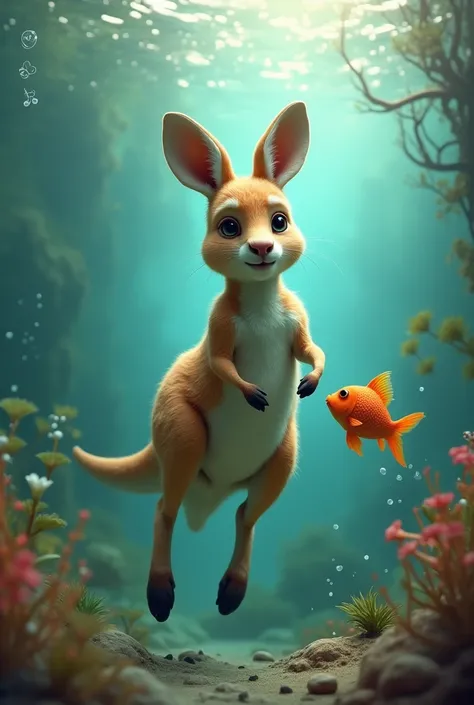 Take a picture of a kangaroo underwater with a fish for me