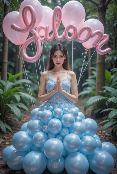  surrounded by the rainforest , beautiful lips and a beautiful face {x} wearing a stylish dress made of blue balloons,  beautiful eyes,  beautiful nose ,  holding up pink balloons with curved words ,  a beautiful young Asian woman  "Xiaohong " Put your han...