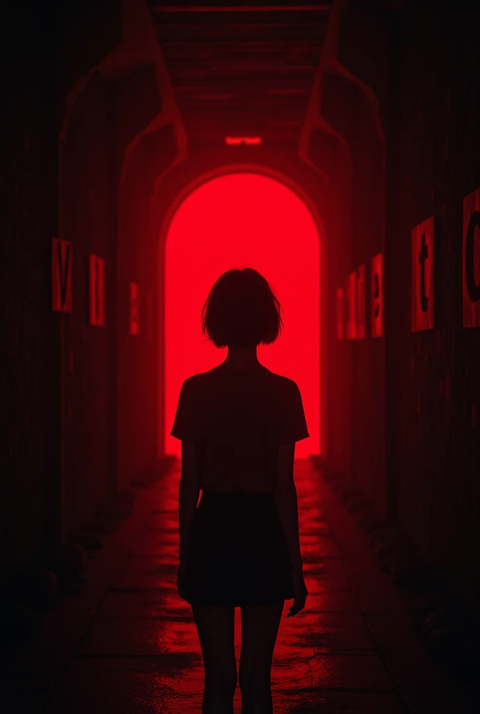 A very dark tunnel  , I can only see the red light in the middle 
The letters are round and written Involved You Are 
The woman with short hair in the middle can see the back